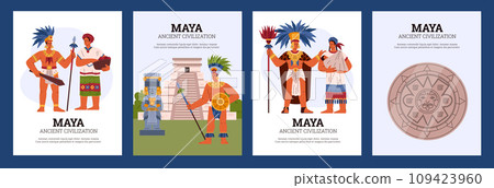 Maya tribal leader, warrior, women in ethnic costume near the pyramid, vector posters set of Maya ancient civilization 109423960