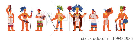 Maya tribal leader, warrior with weapon and locals women in traditional ethnic costume, Maya ancient civilization set Maya tribal leader, warrior with weapon and locals women in traditional ethnic costume, Maya ancient civilization set 109423986