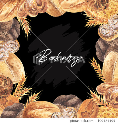 Bread and wheat watercolor square frame. Hand drawn illustrations of buns, loafs , pies, ears of wheat isolated on white background. For bakery, design, flyer, advertising, banner Bread and wheat watercolor square frame. Hand drawn illustrations of buns, loafs , pies, ears of wheat isolated on white background. For bakery, design, flyer, advertising, banner 109424495