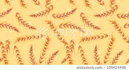 Ears wheat spikelets on a white background. Watercolor seamless pattern hand drawn. For textile, fabric, wallpaper 109424498