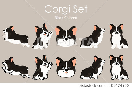 Simple and cute black corgi illustration set Simple and cute black corgi illustration set 109424500