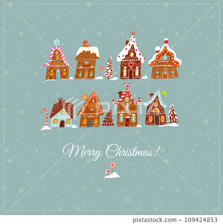 Christmas greeting card with cute gingerbread houses on blue background with snowflakes. Christmas village and snowfall. Vector illustration 109424853