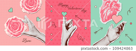 Trendy romantic halftone collage elements set with doodles. Floral mixed media design, vintage punk dotted Valentine day stickers of hands, hearts, flowers. Y2K vintage aesthetic vector illustration 109424863
