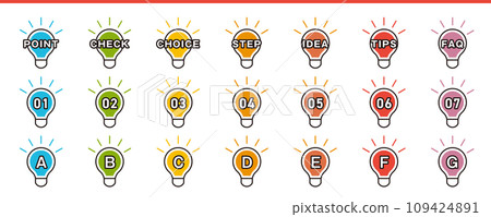 Simple and cute light bulb icon set including check items, point explanations, FAQ, etc. 109424891