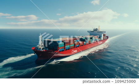 Aerial front view of a loaded container cargo vessel traveling over calm ocean. Generative AI 109425000