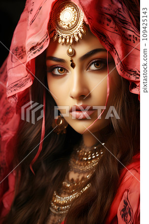 Portrait of beautiful Indian woman in pink Ethnic tradition sari dress costume and jewellery native culture of India 109425143