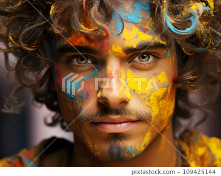 Portrait closed up of handsome Indian man in Ethnic tradition garment clothing for colorful in Holi Festival of India 109425144