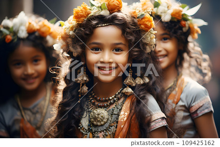 Portrait of beautiful Indian children girl in Ethnic tradition sari dress costume with decorated jewellery flowers is native Hindu culture of India 109425162