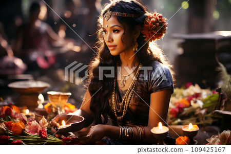 Portrait of beautiful Indian woman in Diwali Festival of Lights for Hindu in India. Ethnic tradition sari dress costume with decorated jewellery is native Hindu culture 109425167