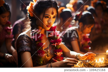 Portrait of beautiful Indian woman in Diwali Festival of Lights for Hindu in India. Ethnic tradition sari dress costume with decorated jewellery is native Hindu culture 109425168
