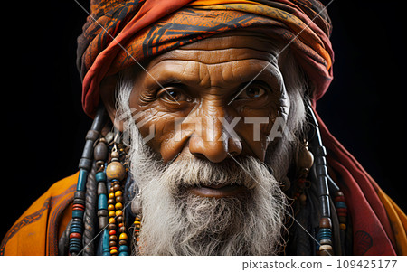 Closed up portrait Tribal Ethiopia indian elderly man in ethnic tradition and culture of clothing with colorful turban native of homeless in India caste 109425177