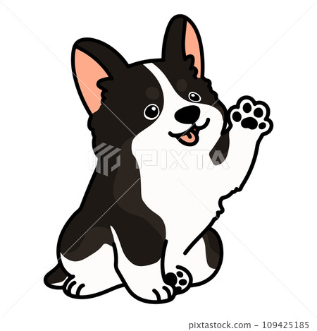 Illustration of a simple and cute black corgi waving while sitting, with main line 109425185