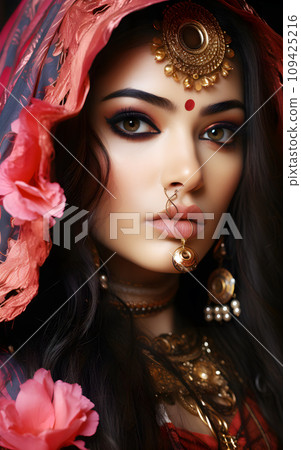 Portrait of beautiful Indian woman in pink Ethnic tradition sari dress costume and jewellery native culture of India 109425216