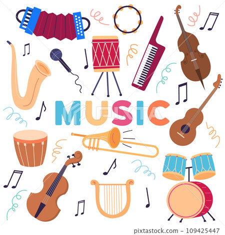 Musical instruments vector illustration. Classical melodies fill air, as instruments blend in perfect harmony Embrace symphonic magic as musical instruments craft melodic journey 109425447