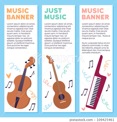 Musical instruments vector illustration. Musical instruments metaphorically converse, creating harmonious World Music Day echoes with rhythmic celebration diverse tunes. Music banner, just music 109425461