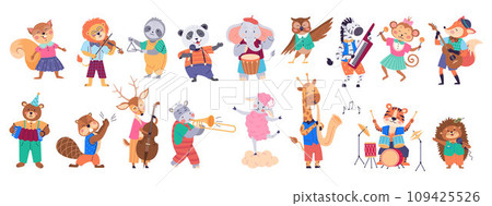 Animal band vector illustration. A festive event unfolds with wildlife concert, featuring talented animal orchestra The cheerful marching band fauna adds lively touch to zoo 109425526