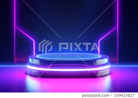 3D podium for product display with neon light on shiny glowing background by Generative AI 109425627
