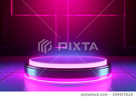 3D podium for product display with neon light on shiny glowing background by Generative AI 109425628