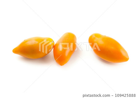 Three yellow tomatoes isolated on white background with clipping path. . 109425888
