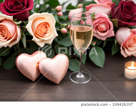 Valentines Day: hearts champagne roses highquality cozy. 109426197