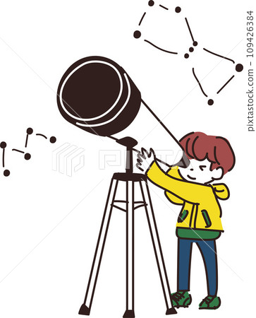 child looking into an astronomical telescope child looking into an astronomical telescope 109426384