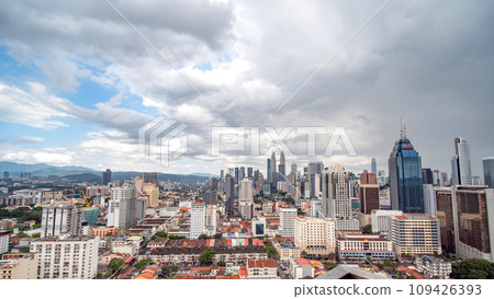 Panorama of the capital of Malaysia, Kuala Lumpur during a rainstorm and thunderclouds. time lapse. Panorama of the capital of Malaysia, Kuala Lumpur during a rainstorm and thunderclouds. time lapse. 109426393