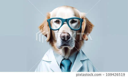 AI-generated content. Dog wearing blue rimmed glasses on a gray background. Portrait of a large dog in a medic costume. 109426519