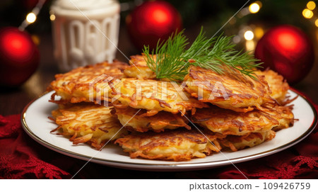 Latkes, a traditional Hanukkah treat, perfect for holiday celebrations 109426759