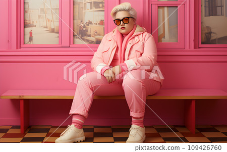 Portrait Mature Caucasian woman curly blond hair in pink costume with sun glasses. Vintage retro fashionable and fantasy disco style party 109426760