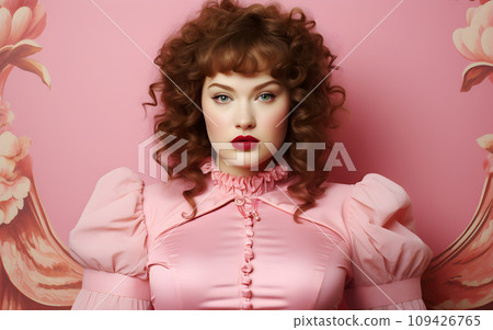 Portrait Caucasian fat woman curly hair in pink costume on pink background. Vintage retro fashionable and fantasy disco style party 109426765