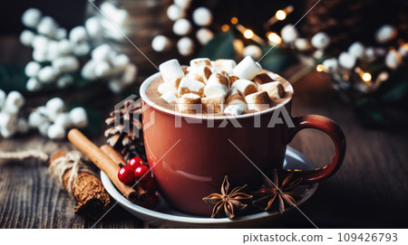 cocoa adorned with marshmallows on the festive table 109426793