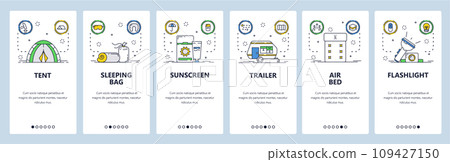Camping gear website and mobile app onboarding screens vector template 109427150