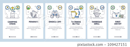 Camping equipment website and mobile app onboarding screens vector template 109427151