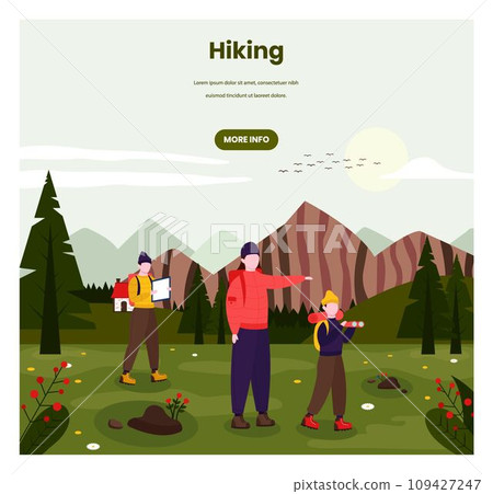Hiking vector web banner template. Tourists family characters with backpacks going hiking, retro flat style design illustration. Trekking, summer vacation, adventure tourism, camping, mountain hike 109427247
