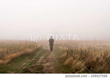 Girl hiking Mountain scenic trail after rain Green forest covered fog Cape Breton National Park Nova Scotia Canada 109427398