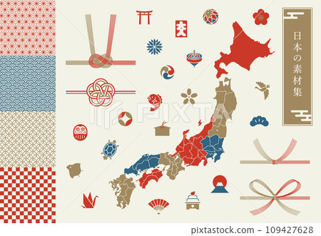 A collection of Japanese design materials with maps of Japan, Japanese patterns, etc. 109427628
