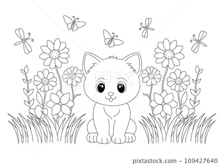 Coloring page with adorable kitty in flowers. Coloring page with adorable kitty in flowers. 109427640