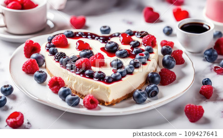 White cheesecake in the shape of a heart decorated with raspberries and blueberries. classic dessert for Valentine's Day, Mother's Day White cheesecake in the shape of a heart decorated with raspberries and blueberries. classic dessert for Valentine's Day, Mother's Day 109427641