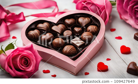 Chocolates, red roses on a wooden background. Valentine's day, romance, greeting card Chocolates, red roses on a wooden background. Valentine's day, romance, greeting card 109427649