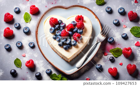 White cheesecake in the shape of a heart decorated with raspberries and blueberries. classic dessert for Valentine's Day, Mother's Day 109427653