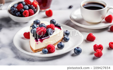 White cheesecake in the shape of a heart decorated with raspberries and blueberries. classic dessert for Valentine's Day, Mother's Day 109427654