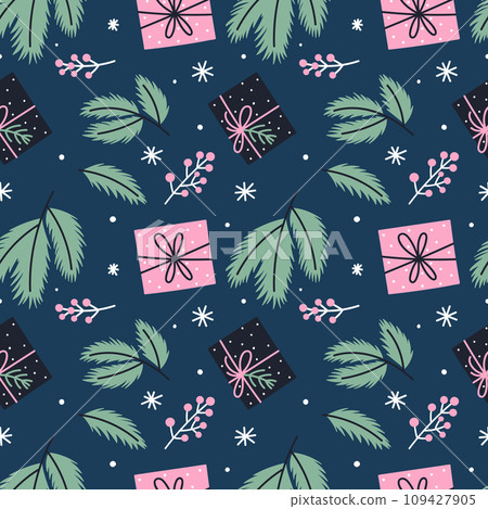 Christmas seamless pattern with branches, berries and gifts. For winter textiles, packaging, fabric. Christmas seamless pattern with branches, berries and gifts. For winter textiles, packaging, fabric. 109427905