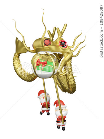 3d gold Chinese Dragon Dance with santa claus, decorative snow globe glass transparent, gift box, hat. merry christmas and happy new year, 3d render illustration 109428097
