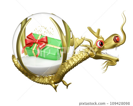 3d gold Chinese Dragon with decorative snow globe glass transparent, gift box. merry christmas and happy new year, 3d render illustration 109428098