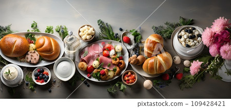 Easter table setting with tasty dishes on light background 109428421