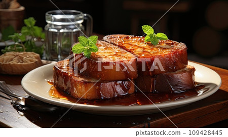 Vegan french toasts with syrup on a gray plate. 109428445