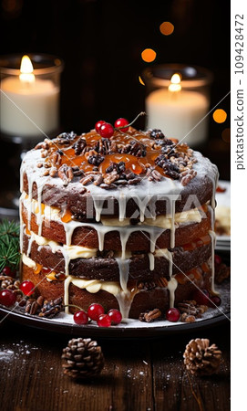 Plate with delicious Christmas cake 109428472