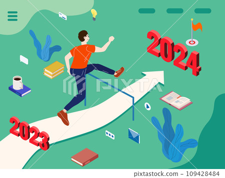 Young man jumping and run to Happy new year 2024 109428484