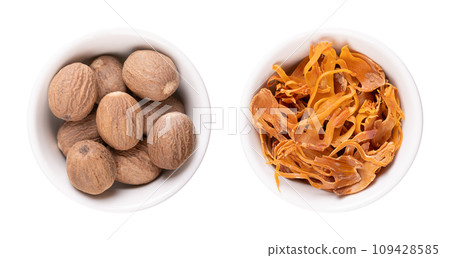 Dried true nutmegs and mace in white bowls. Whole seeds of Myristica fragrans, and the seed coverings of nutmeg seeds with yellow and orange tan. Used to flavor food and in preserving and pickeling. 109428585