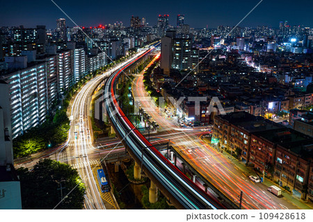 The night view of the railway in Guro Digital Complex, Seoul, Korea The night view of the railway in Guro Digital Complex, Seoul, Korea 109428618